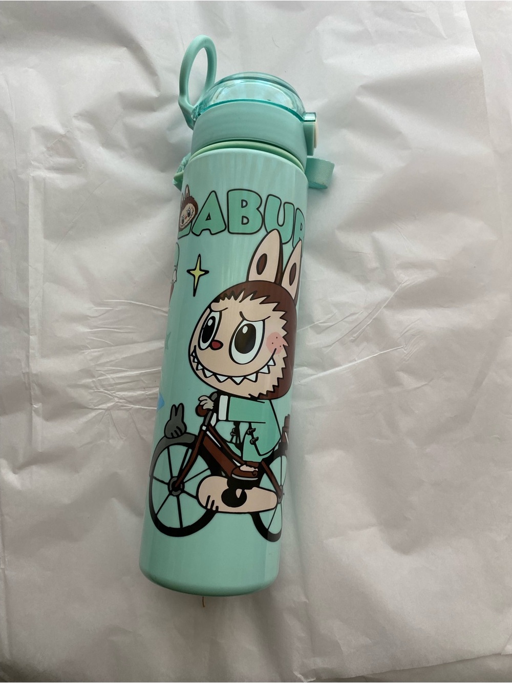Labubu Mint Cartoon Kids Water Bottle with Flip-Top and Carry Loop